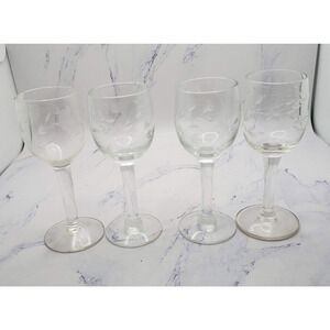 Set of 4 Vintage Etched Crystal Cordial Liquor Glasses Four Inch Stemware